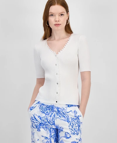 T Tahari Women's V-Neck Button-Front Ribbed-Knit Top