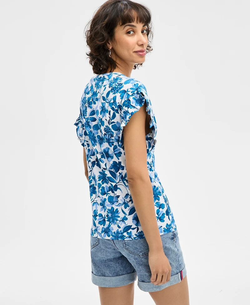 Nautica Jeans Women's Floral-Print Ruffle-Sleeve Top