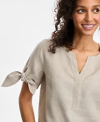 Charter Club Women's 100% Linen Split-Neck Tie-Cuff Top, Created for Macy's