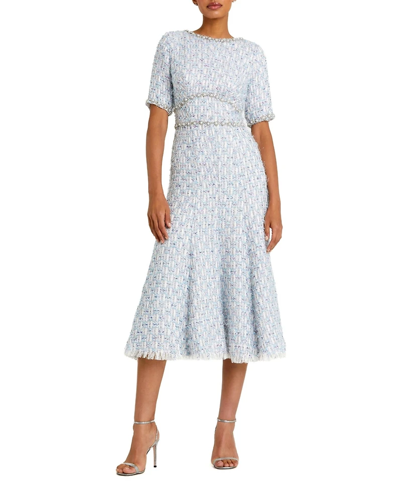 Mac Duggal Women's Short Sleeve Beaded Trim Boucle Midi Dress