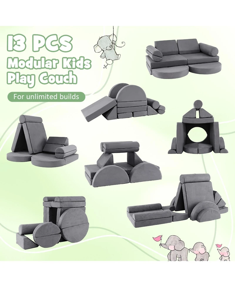 13-Piece Convertible Modular Kids Play Couch for Nursery, Playroom, and Bedroom Versatile Seating Toddlers