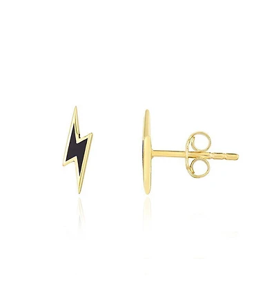 The Lovery Lightning Bolt Black Enamel Stud Earrings 14K Gold