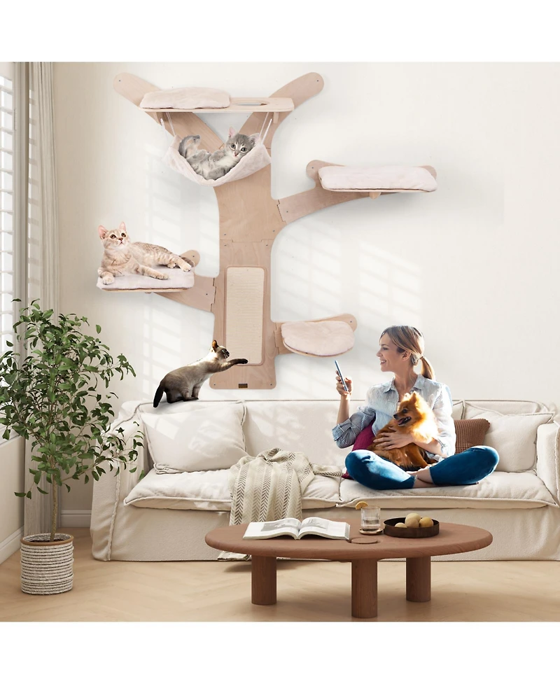Wall-Mounted Cat Tower with Hammock, Platforms & Scratching Mat Space-Saving Climbing Playset for Cats