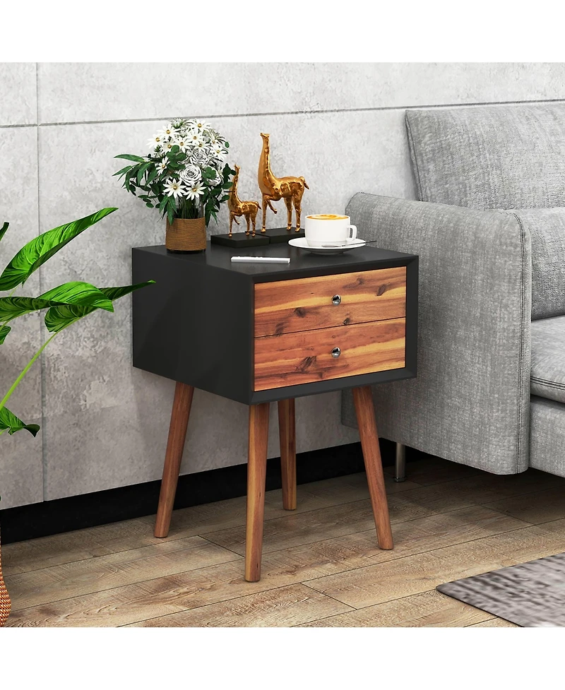 Gymax 2PCS Wooden Nightstand Mid-Century End Side Table Living Room W/2 Storage Drawer