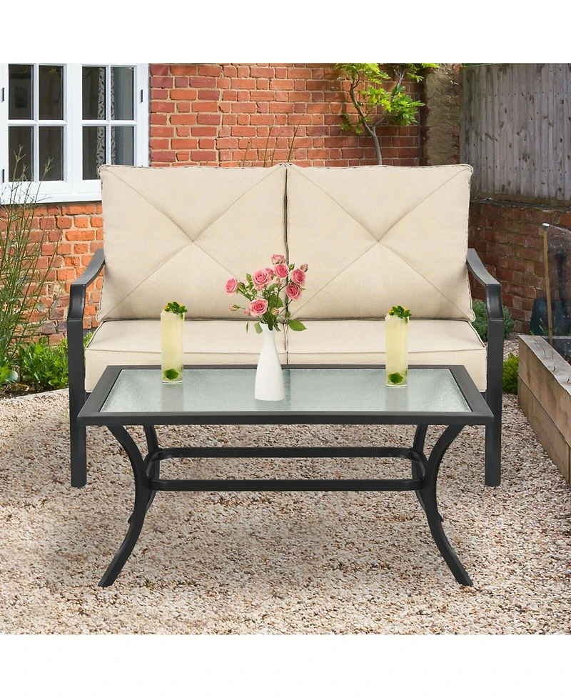 2 Pieces Patio Outdoor Cushioned Sofa Bench with Coffee Table