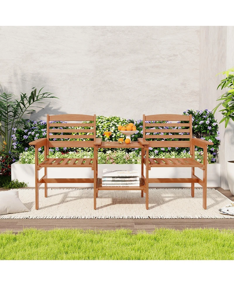Outdoor Patio Wood 2-Seat Conversation Set with Coffee Table and Umbrella Hole