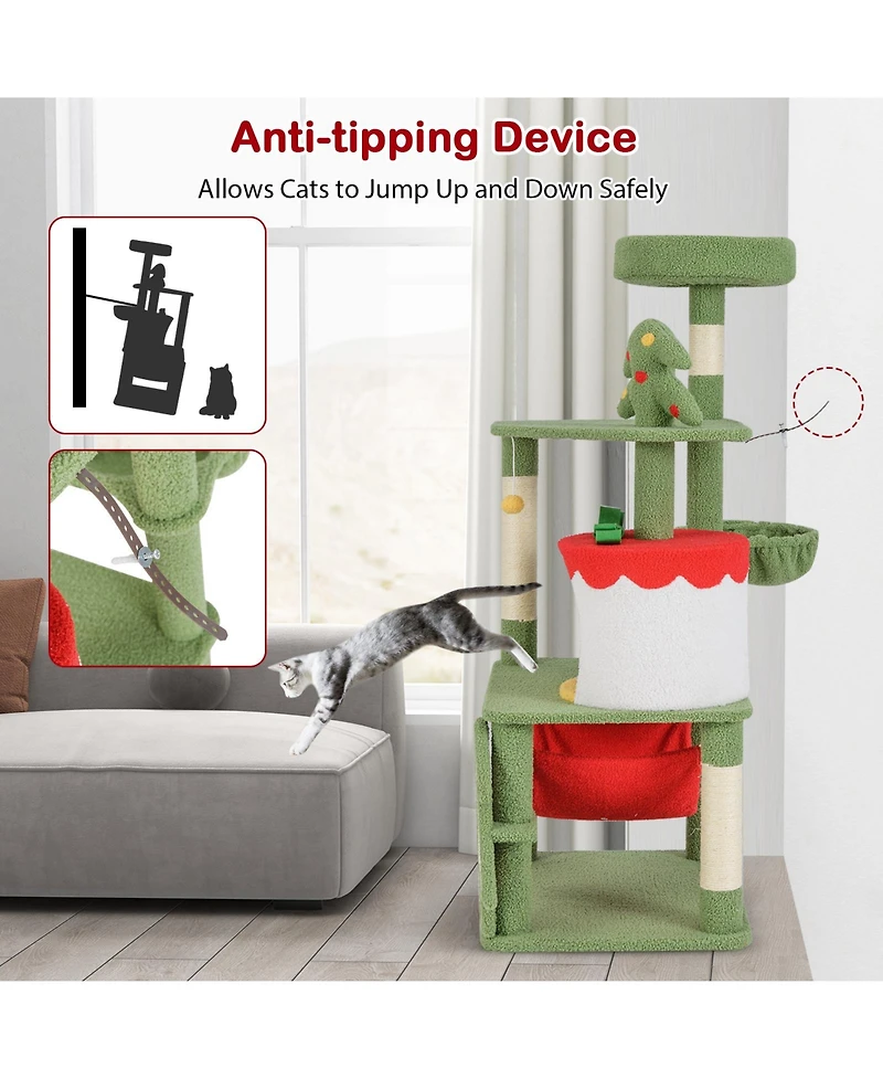 Cute Christmas Cat Tree with Scratching Posts & Gift Box-Shaped Condo Festive Playhouse for Cats