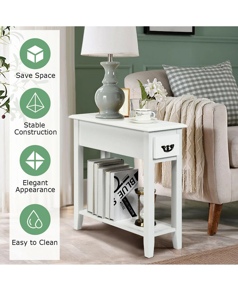 Gymax 2 Tier End Bedside Sofa Side Table Narrow Nightstand w/Drawer &Shelf