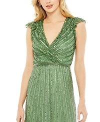 Mac Duggal Women's Sequined Wrap Over Cap Sleeve Ruffle Hem Dress