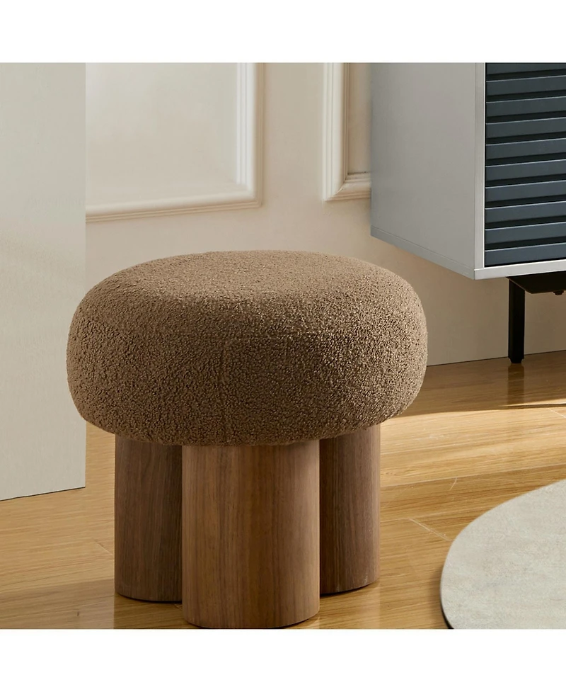 Mushroom stool, brown lamb wool seat, barrel Pvc pipe with walnut veneer