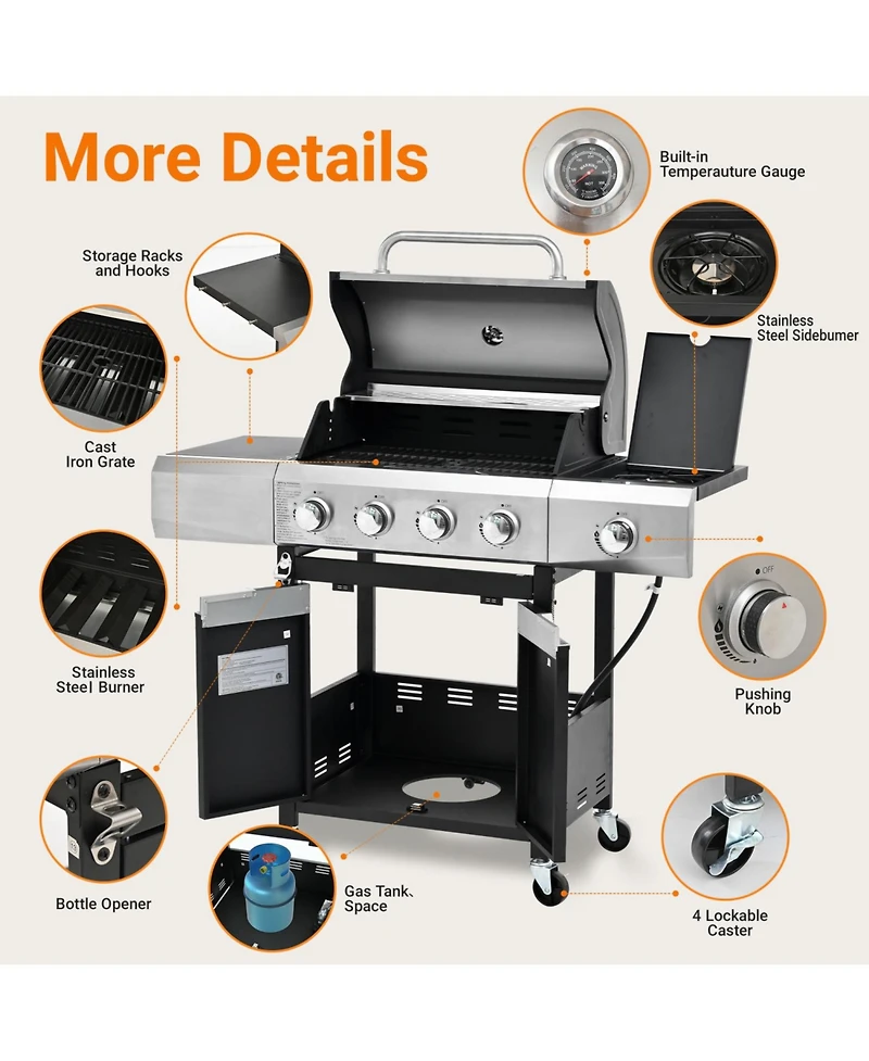 Streamdale Propane Grill 4 Burner Barbecue Grill Stainless Steel Gas Grill with Side Burner and Cover for Outdoor Bbq, Camping