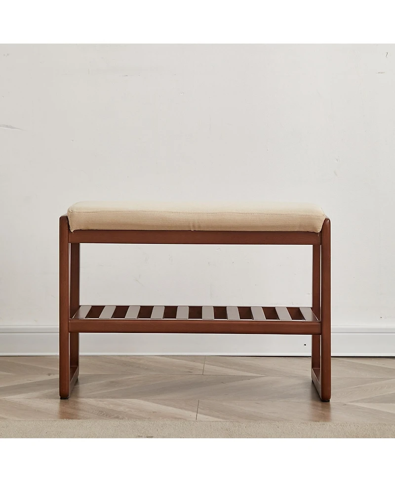 Streamdale (Walnut Color) Solid Wood Shoe Bench, Beech Wood Storage Rack Organizer with High Rebound Sponge Cushion