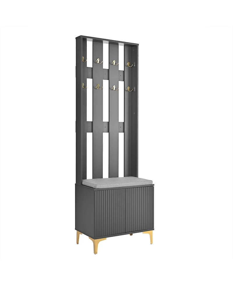 Streamdale Modern Hall Tree with Cushion, 8 Gold Hooks, Bench, Adjustable Shelves, 23.6"70.8