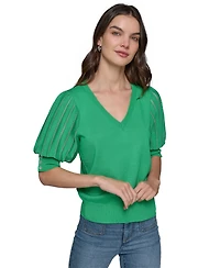 Karl Lagerfeld Paris Women's Puffed-Sleeve V-Neck Sweater