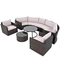 Streamdale 9-Pieces Outdoor Half-moon Patio Sofa Set, Round Sofa Set, Modern Style Sofa, Brown Wicker, Beige Cushion