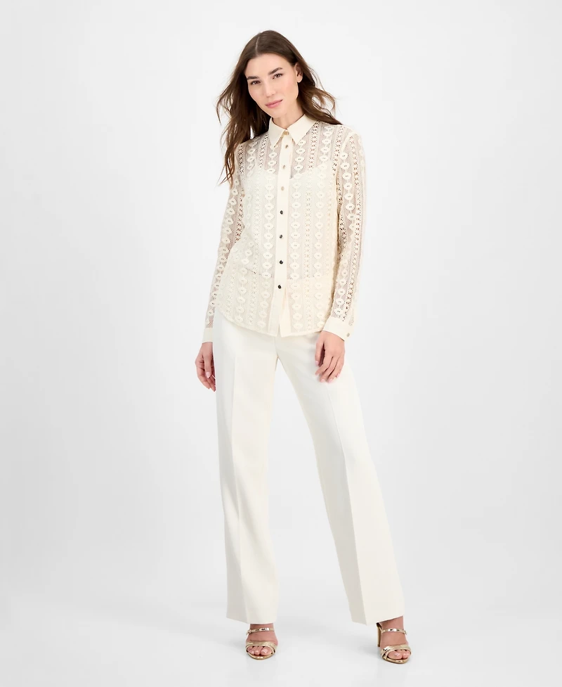 Anne Klein Women's Cotton Long-Sleeve Crochet Shirt