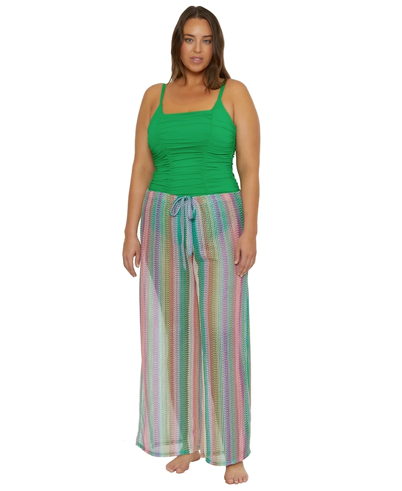 Becca Etc Women's Beach Side Stripe Crochet Split-Leg Pants Swim Cover-Up
