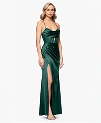 Blondie Nites Juniors' Satin Corset-Waist Draped-Neck Gown