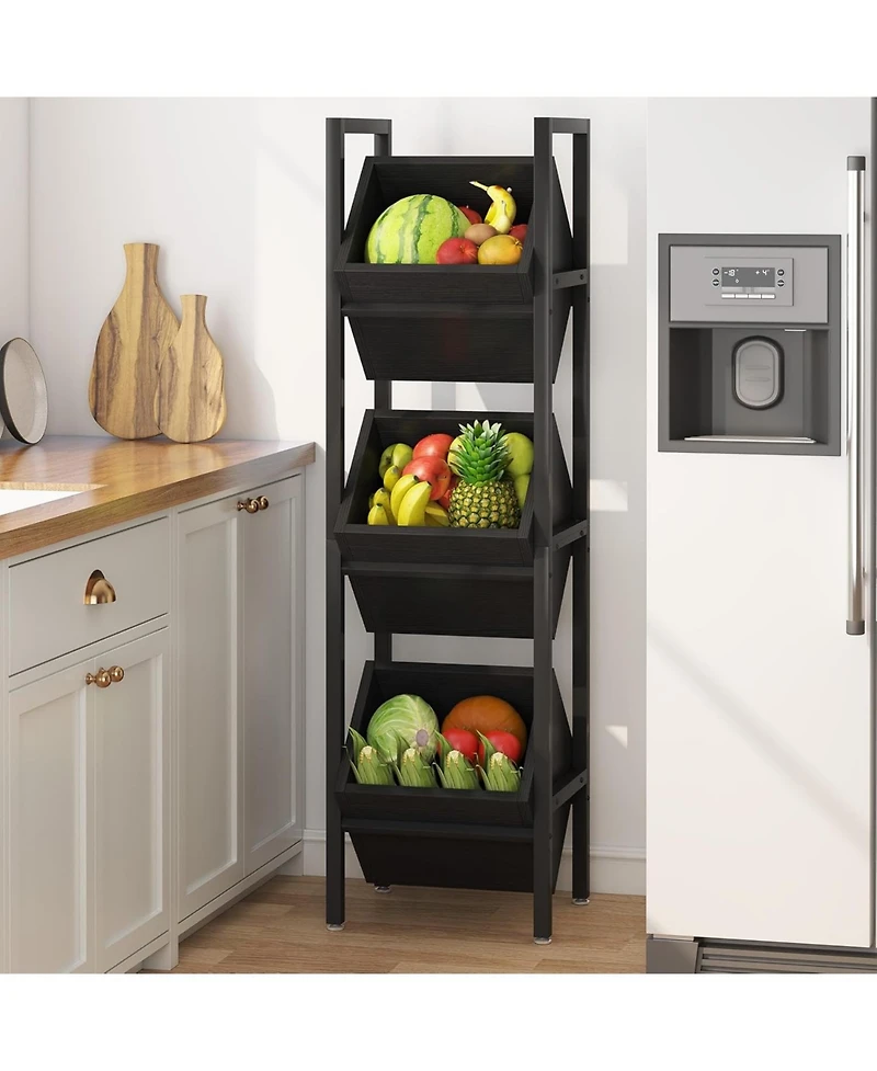 Tribesigns 3-Tier Basket Stand, Wood Snack Rack with Baskets, Rustic Vertical Fruit Stand Standing Storage Tower Organizer for Kitchen Bathroom Living