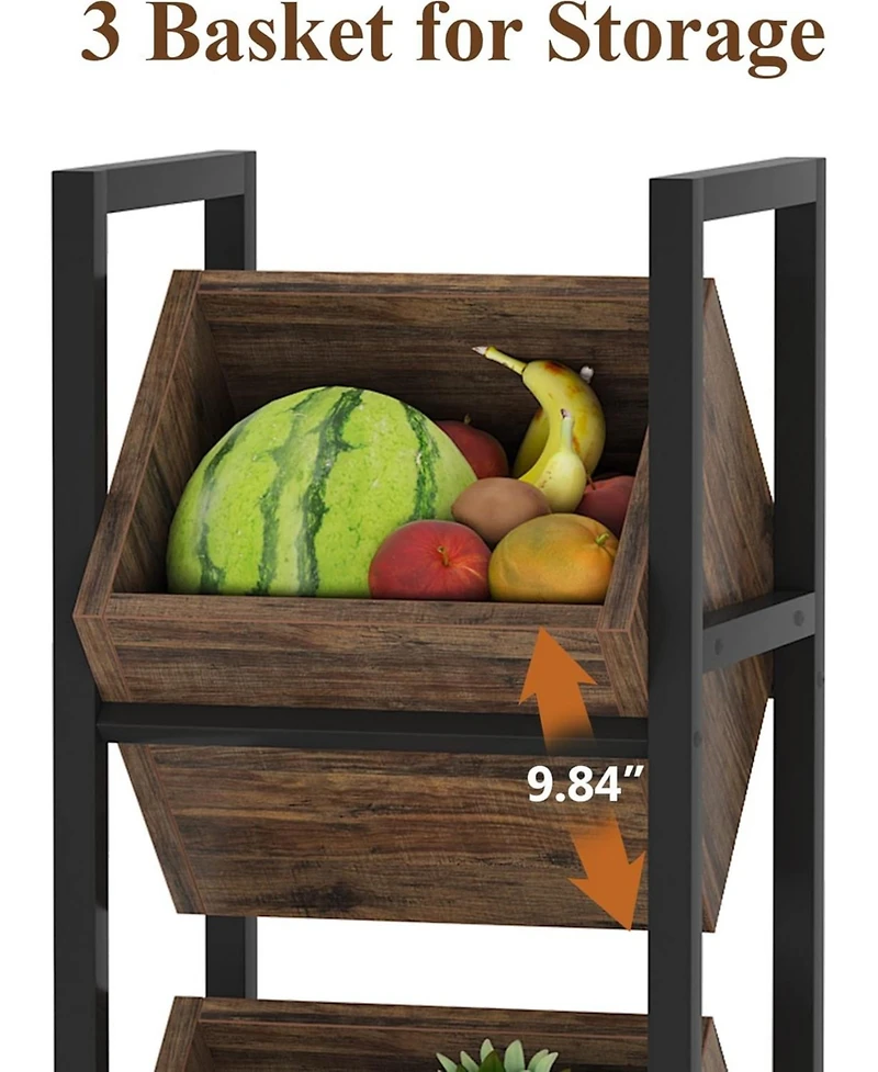 Tribesigns 3-Tier Basket Stand, Wood Snack Rack with Baskets, Rustic Vertical Fruit Stand Standing Storage Tower Organizer for Kitchen Bathroom Living