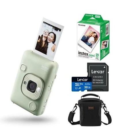 Fujifilm Instax Mini Liplay Hybrid Instant Camera Matcha Green Bundle With 20 Exposures Film Pack 32gb Uhs I Microsdhc Memory Card Shoulder Bag