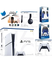 Sony Sony Playstation 5 Slim Disc Bundle with Black Pulse Headset, Extra White Controller, Pro Gamer Kit, Trigger Kit and MightySkins Decal Voucher