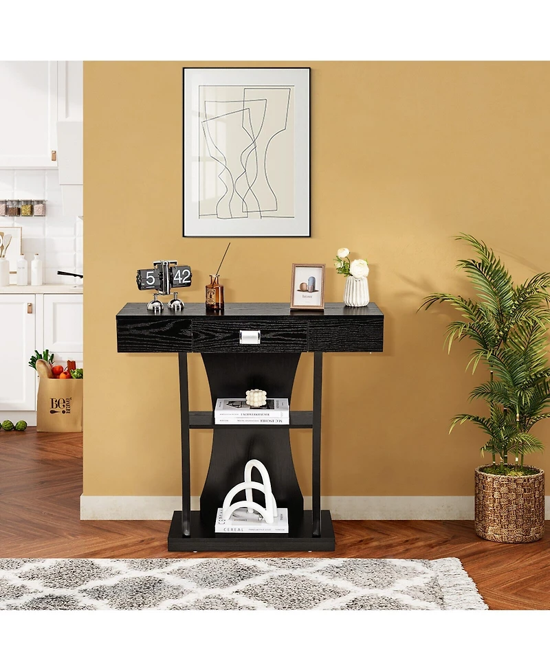 Console Table with Drawer and 2-Tier Shelves for Entryway Living Room