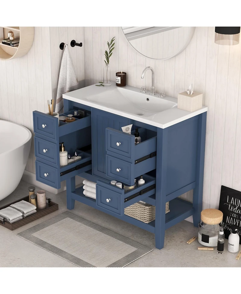 Streamdale 36" Bathroom Vanity with Sink Combo, One Cabinet and Three Drawers, Solid Wood and Mdf Board, Blue