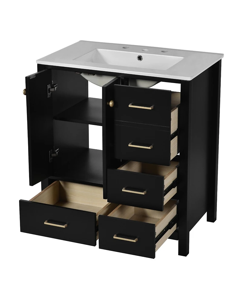 Streamdale 30" Wood Vanity Cabinet Set with Ceramic Sink, Drawers, and Soft-Close Doors