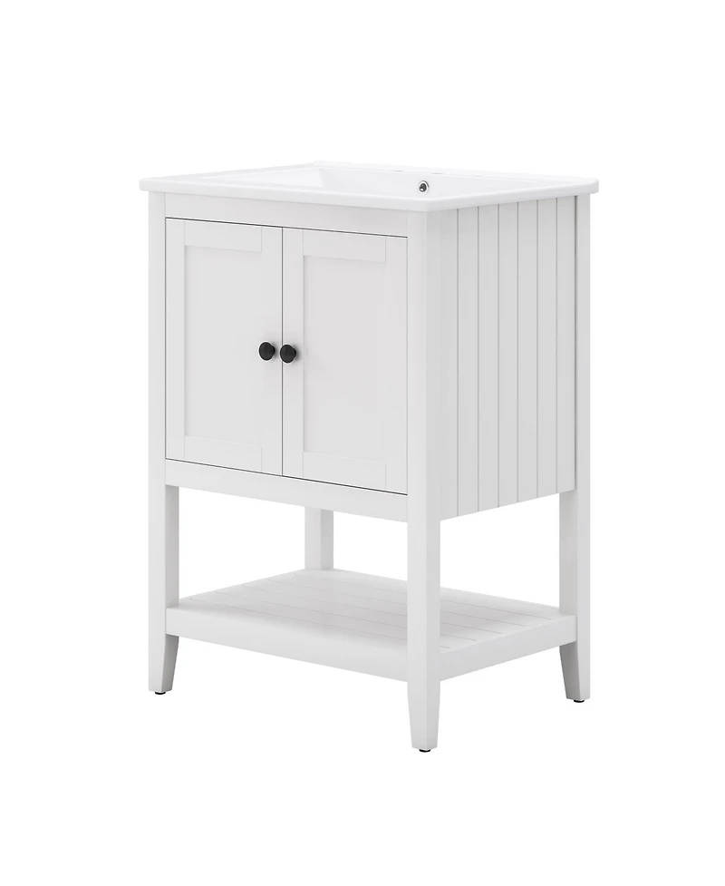 Streamdale 24" White Modern Sleek Bathroom Vanity Elegant Ceramic Sink with Solid Wood Frame Open Style Shelf