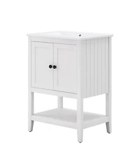Streamdale 24" White Modern Sleek Bathroom Vanity Elegant Ceramic Sink with Solid Wood Frame Open Style Shelf