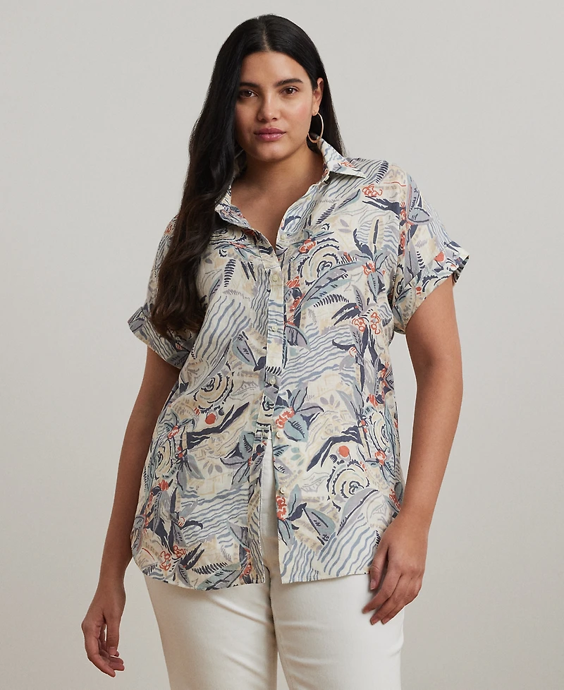 Lauren Ralph Lauren Plus Size Relaxed-Fit Print Short-Sleeve Linen Shirt