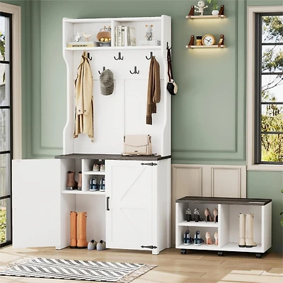Streamdale Farmhouse 4-in-1 Hall Tree with Barn Doors Movable Bench, Hooks, Shoe Storage, & Wheels