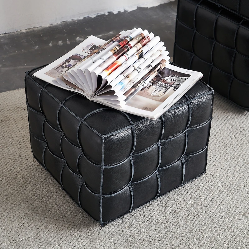 Streamdale 17.32"W Genuine Leather Tufted Ottoman,Footstool for Living Room & Bedroom,Black Color