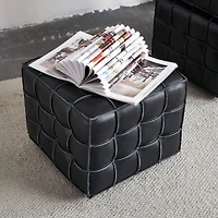 Streamdale 17.32"W Genuine Leather Tufted Ottoman,Footstool for Living Room & Bedroom,Black Color