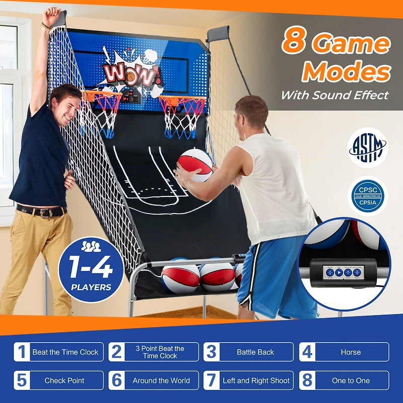 Dual Shot Basketball Arcade Game with 8 Game Modes and 4 Balls
