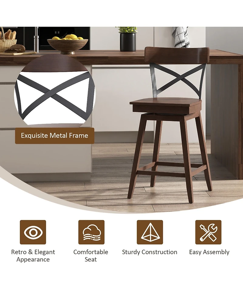 Gymax Set of Wooden Swivel Bar Stools Counter Height Kitchen Chairs w/ Back