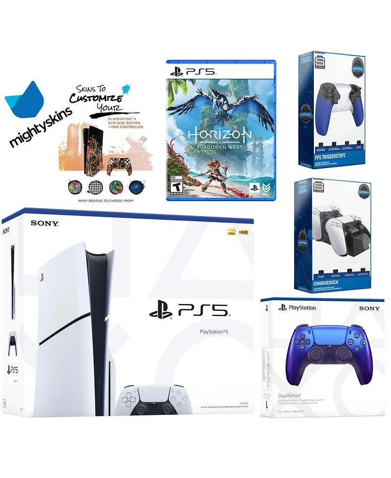 Sony Playstation 5 Slim Disc Bundle with Horizon Forbidden West, Extra Controller, Trigger Stop Kit