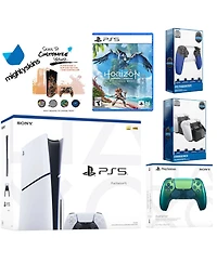 Sony Playstation 5 Slim Disc Bundle with Horizon Forbidden West, Extra Controller, Trigger Stop Kit, Dual Charge Dock and MightySkins Decal Voucher