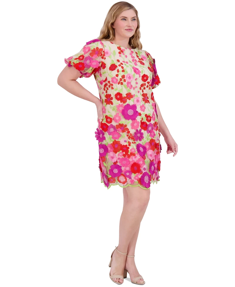 Eliza J Plus Size 3D Embroidered-Florals Puff-Sleeve Dress