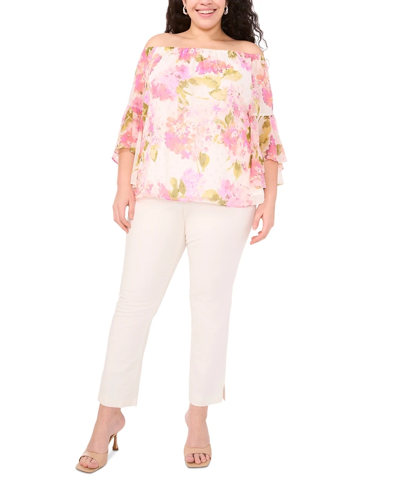 Msk Plus Size Printed Off-The-Shoulder Chiffon Blouse