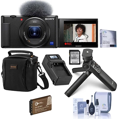 Sony Zv-1 Compact 4K Hd Camera, Black Bundle with Vlogger Accessory Kit, Bag, Extra Battery, Smart Charger and Accessories