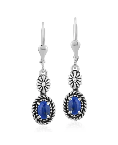 American West Jewelry Sterling Silver Lapis Gemstone Floral and Rope Design Dangle Earrings