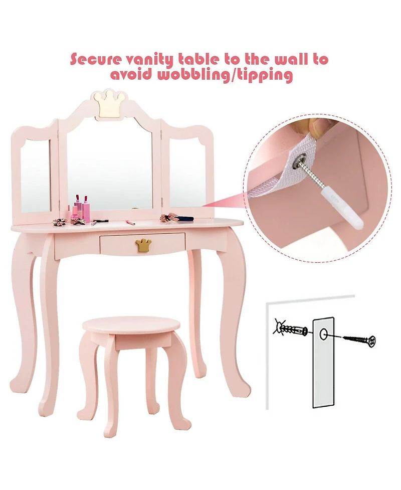 Kids Makeup Dressing Table with Tri-folding Mirror and Stool