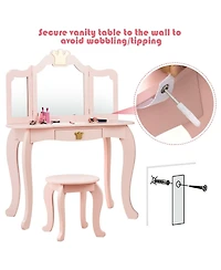 Kids Makeup Dressing Table with Tri-folding Mirror and Stool