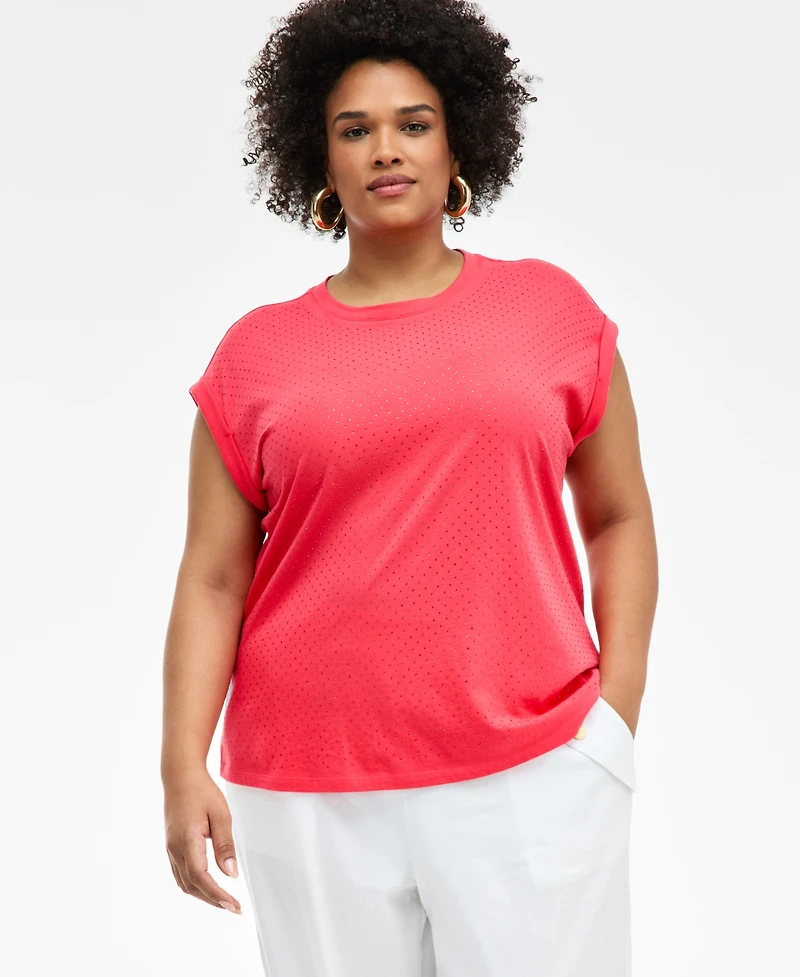 I.n.c. International Concepts Plus Size Rhinestone Rolled-Sleeve Top, Created for Macy's