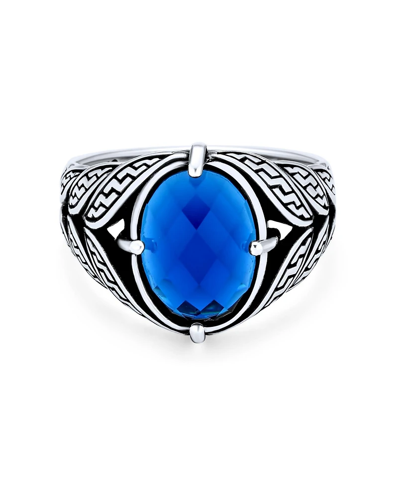 Bling Jewelry Unisex Stainless Steel Oval Blue Sapphire Cz Ring Oxidized Silver