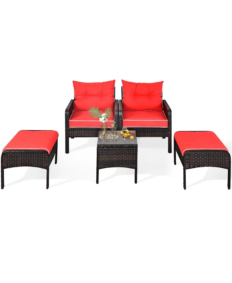 Gymax 5PCS Patio Set Sectional Rattan Wicker Furniture Set w/ Red Cushion