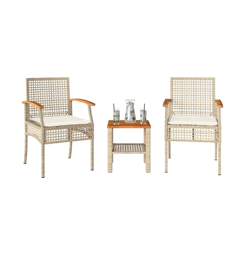 3 Piece Bistro Set with Cushions Beige Poly Rattan Acacia Wood