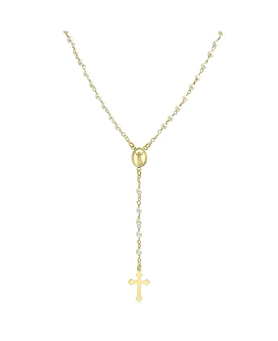 Bling Jewelry Dainty Religious Guardian Angel Rosary Necklace with White Simulated Pearls Gold Plated Brass